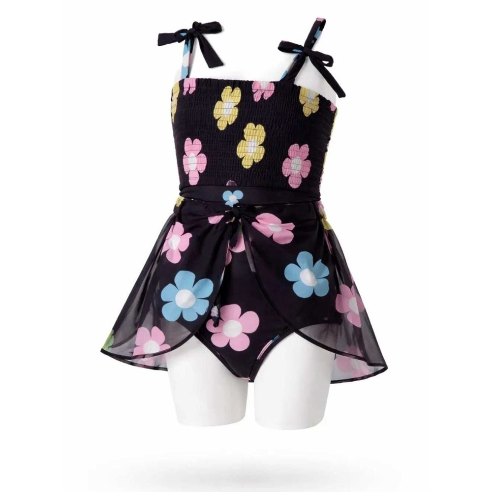 Jessica Simpson Girls Swimsuit‎ Set Black Floral Smocked Skirted 2-Piece 2T